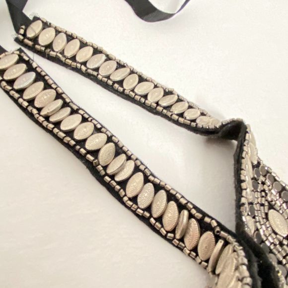 Egyptian Revival Style Beaded Collar Marquise Discs Cylinders Silver Tone Black - Picture 6 of 14